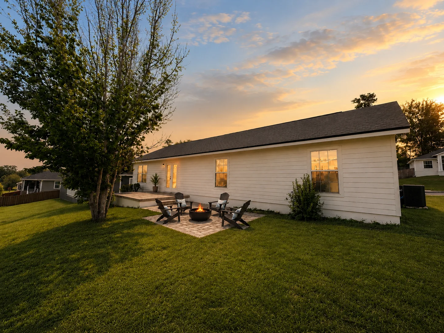 Backyard at sunset with patio seating